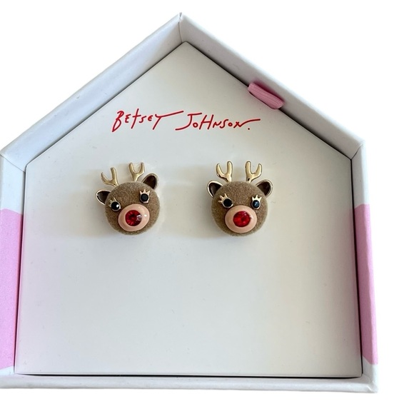 Betsey Johnson Jewelry - Betsey Johnson Gold Tone & Brown Felt Reindeer Button Stud Earrings Crystal NIB